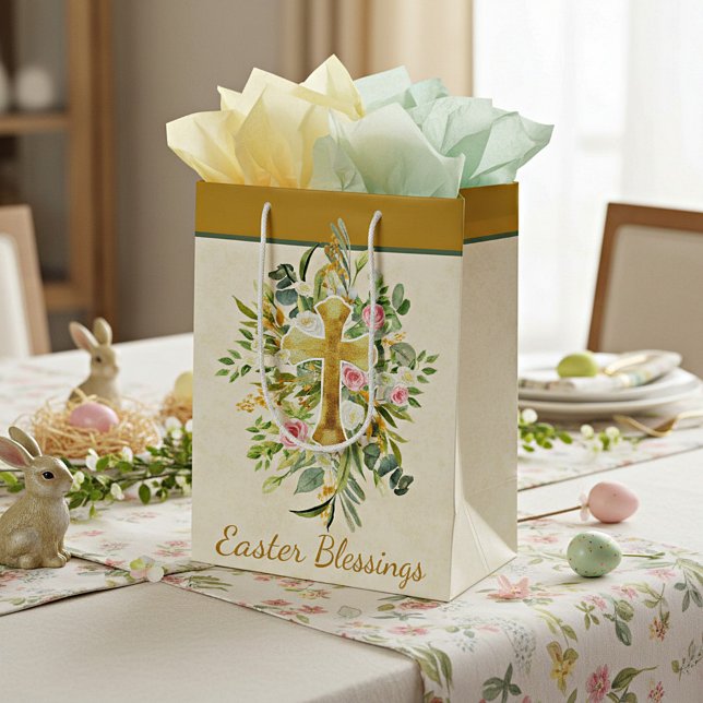 Gold cross and pink roses custom Easter  Medium Gift Bag (Creator Uploaded)