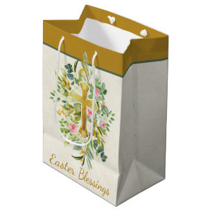 Gold cross and pink roses custom Easter  Medium Gift Bag