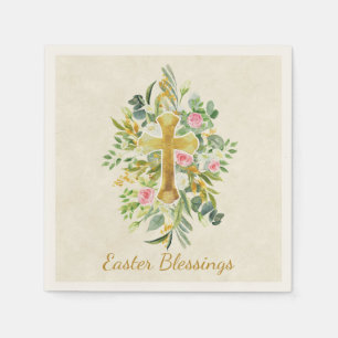 Gold cross and pink roses custom Easter  Napkin