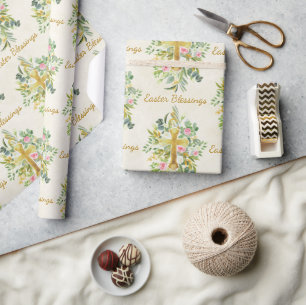 Gold cross and pink roses custom Easter  Wrapping Paper