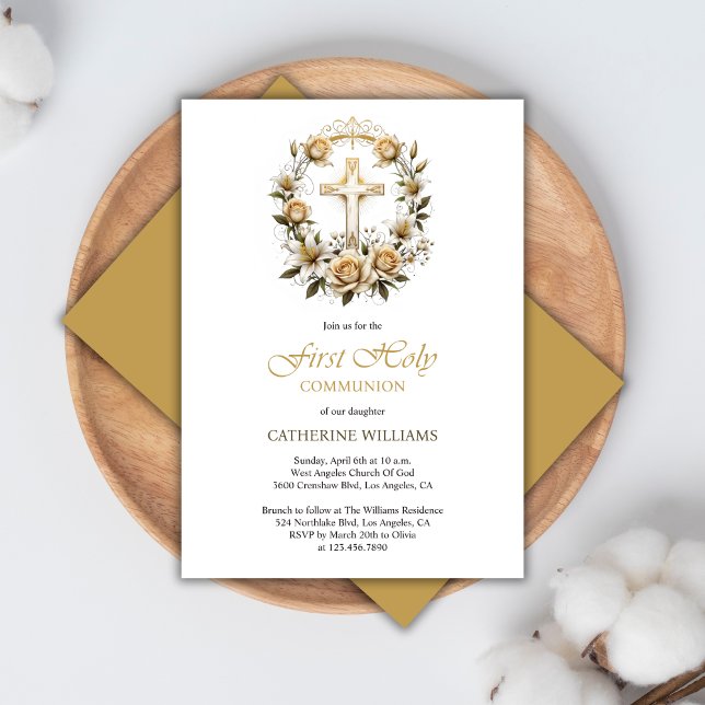 Gold Cross and White Roses First Holy Communion Invitation (Gold Cross and White Roses First Holy Communion Invitation)
