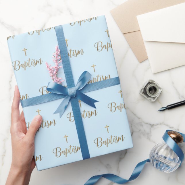 Gold Cross Baptism Blue pattern Christian Wrapping Paper (Gifting)