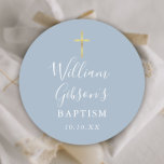 Gold Cross Baptism Christening Dusty Blue Classic Round Sticker<br><div class="desc">Featuring a gold cross and elegant signature script typography on a dusty blue background. Personalise with your special baptism or christening details on this stylish sticker. Designed by Thisisnotme©</div>