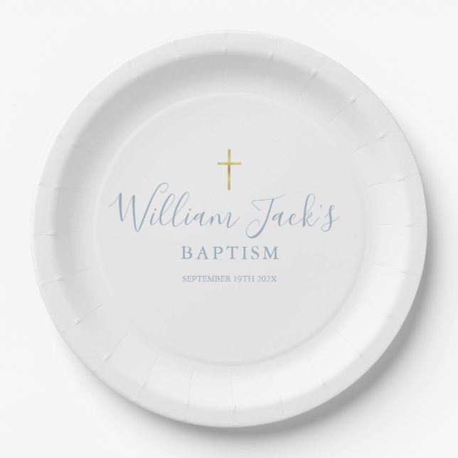Gold Cross Baptism Christening Dusty Blue Paper Plate (Front)