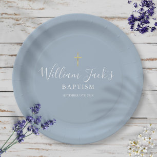 Gold Cross Baptism Christening Dusty Blue Paper Plate