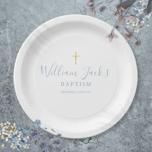 Gold Cross Baptism Christening Dusty Blue Paper Plate