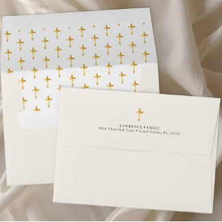 Gold Cross Baptism | Elegant Ivory Religious  Envelope