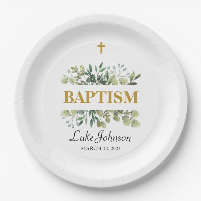 Gold Cross Baptism Paper Plate (Front)