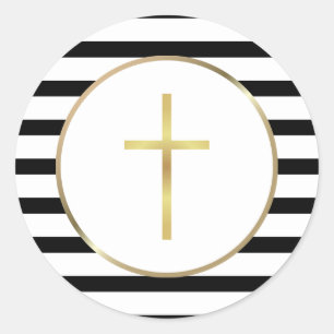 Gold Cross Black and White Stripe Classic Round Sticker