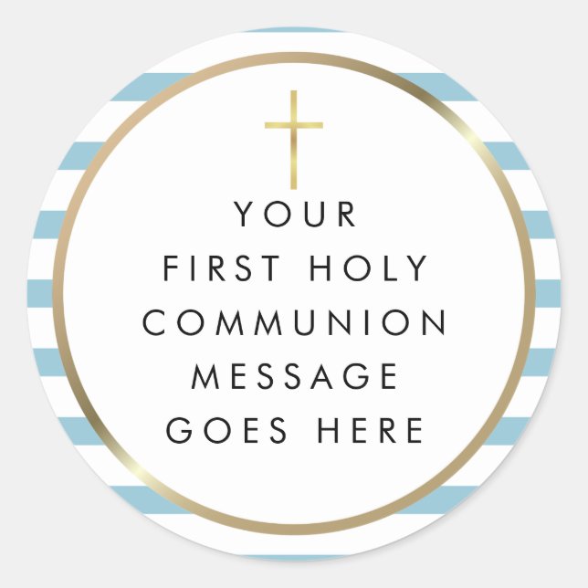 Gold Cross Blue Stripe Holy Communion Message Classic Round Sticker (Front)