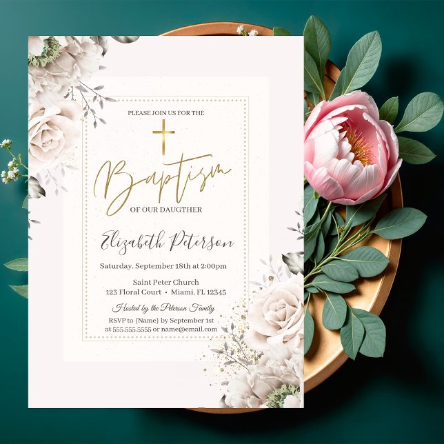 Gold Cross Blush Roses Baptism Invitation (Creator Uploaded)