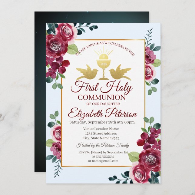 Gold Cross Burgundy Flowers First Holy Communion   Invitation (Front/Back)