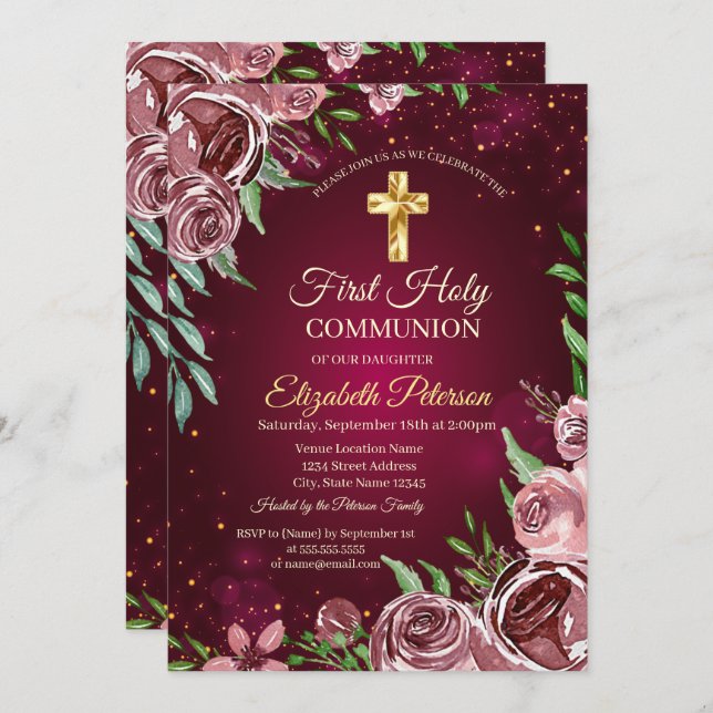 Gold Cross Burgundy Roses First Holy Communion Invitation (Front/Back)