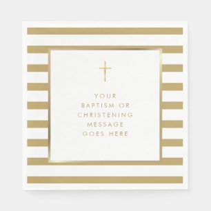 Gold Cross Chic Stripe Baptism Christening Message Napkin