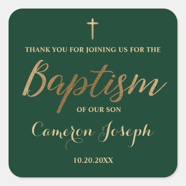 Gold Cross Custom Baby boy Baptism Emerald Green  Square Sticker (Front)