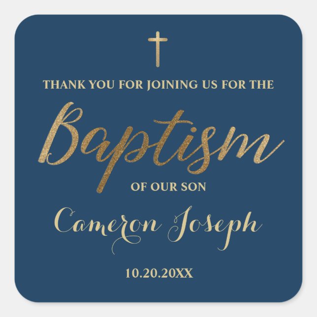Gold Cross Custom Baby boy Baptism Navy Blue  Square Sticker (Front)