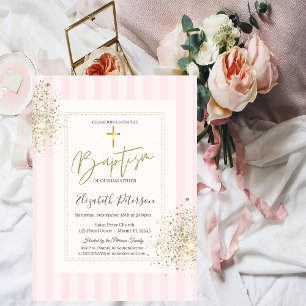 Gold Cross Diamond Dust Pink Striped Baptism Invitation