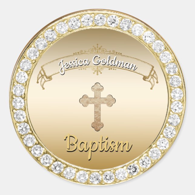 Gold Cross Diamonds Baptism Christening Classic Round Sticker (Front)