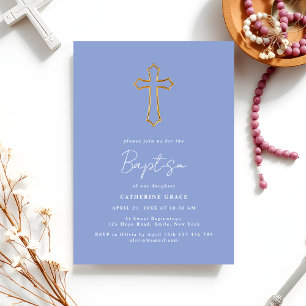 Gold Cross Dusty Blue Minimal Baptism & Christenin Invitation
