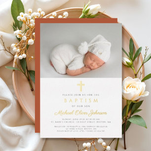 Gold Cross Dusty Terracotta Photo Baptism