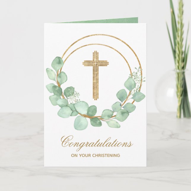 Gold Cross Eucalyptus Christening Card (Front)