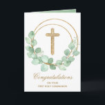Gold Cross Eucalyptus First Communion Card<br><div class="desc">A gold faux glitter cross and eucalyptus leaf wreath highlight this religious greeting card. Perfect for a first communion,  baptism or christening. Personalise the greeting inside or leave as is. MATCHING items available in our store.</div>