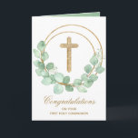 Gold Cross Eucalyptus First Communion Card<br><div class="desc">A gold faux glitter cross and eucalyptus leaf wreath highlight this religious greeting card. Perfect for a first communion,  baptism or christening. Personalise the greeting inside or leave as is. MATCHING items available in our store.</div>