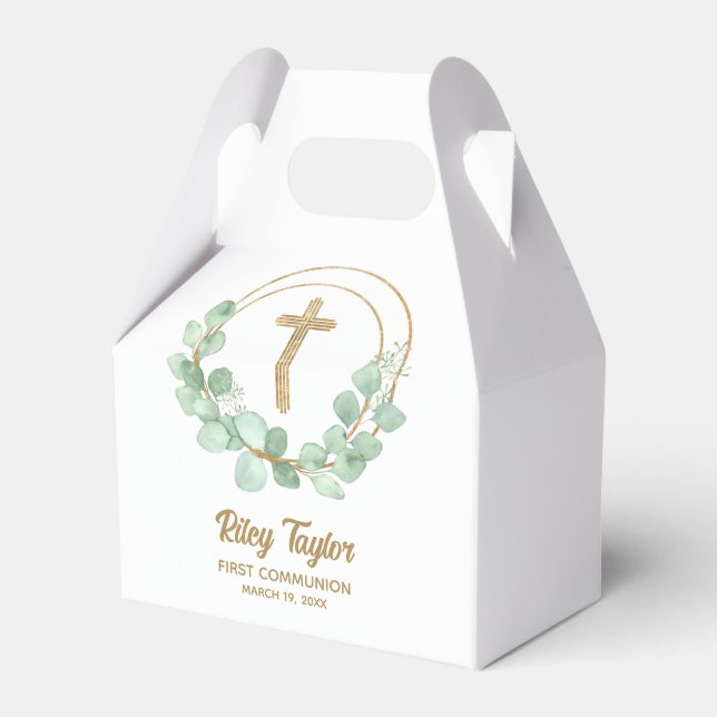 Gold Cross Eucalyptus First Communion Favour Box (Front Side)