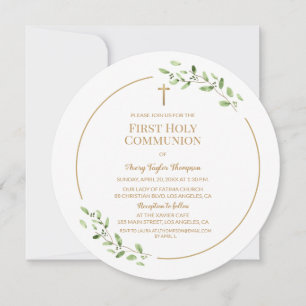 Gold Cross First Holy communion Botanical leaves Invitation