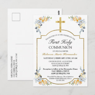 Gold Cross Floral 1st Holy Communion Invitation Postcard