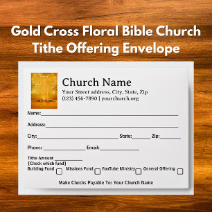 Gold Cross floral Bible Church Tithe Offering Envelope