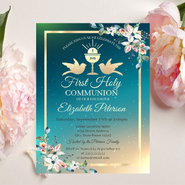 Gold Cross Floral First Holy Communion  Invitation (Creator Uploaded)