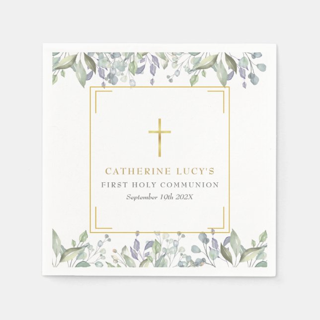 Gold Cross Floral First Holy Communion Napkin (Front)