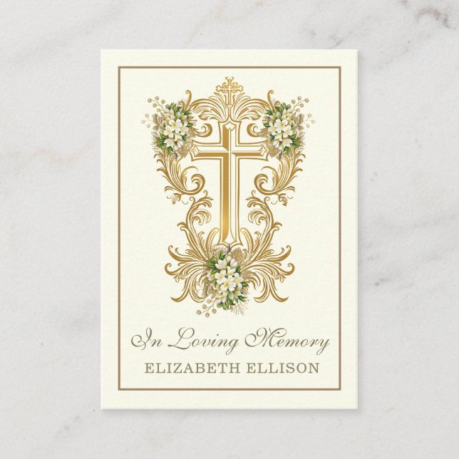 Gold Cross Floral Funeral Memorial Prayer Cards (Front)