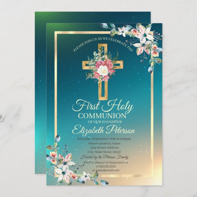 Gold Cross Floral Roses First Holy Communion  Invitation (Front/Back)