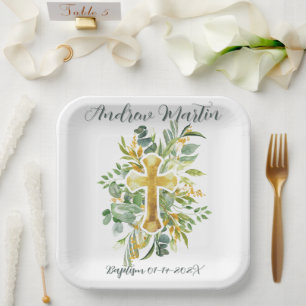 Gold Cross Floral Watercolor Baptism 1st Communion Paper Plate