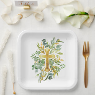 Gold Cross Floral Watercolor Baptism 1st Communion Paper Plate