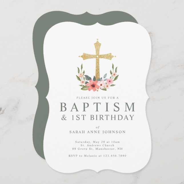 Gold Cross Floral Wreath Baby 1st Birthday Baptism Invitation (Front/Back)