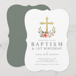 Gold Cross Floral Wreath Baby 1st Birthday Baptism Invitation