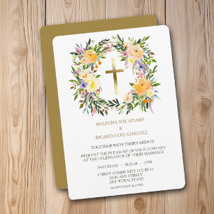Gold Cross Floral Wreath Wedding Invitation