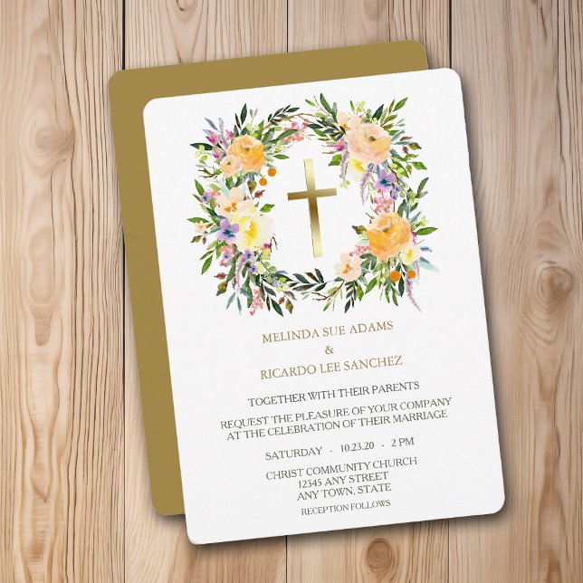 Gold Cross Floral Wreath Wedding Invitation (Creator Uploaded)
