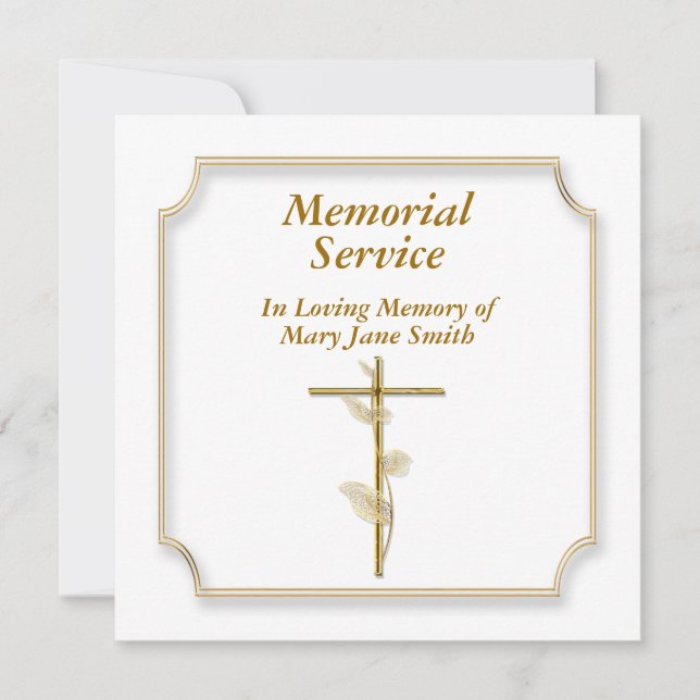 Gold cross frame on white memorial invitation (Front)