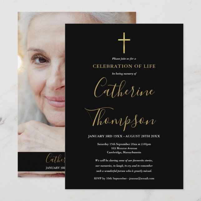Gold Cross Funeral Celebration of Life Photo Invitation (Front/Back)