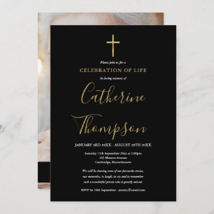 Gold Cross Funeral Celebration of Life Photo Invitation