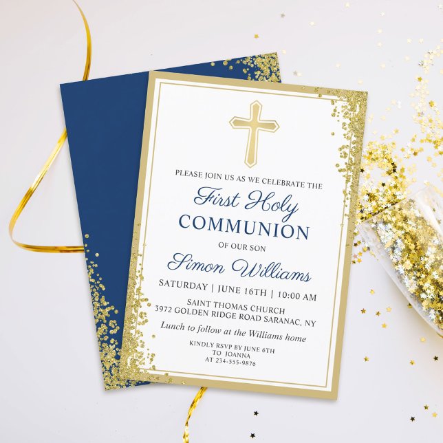 Gold Cross Glitter Navy Blue First Holy Communion Invitation (Creator Uploaded)