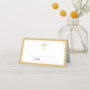 Gold Cross Glitter Navy Blue First Holy Communion Place Card