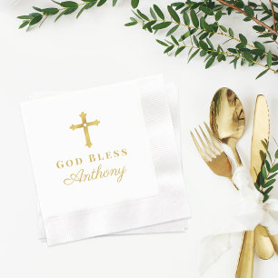 Gold Cross God Bless Baby Religious Baptism Napkin