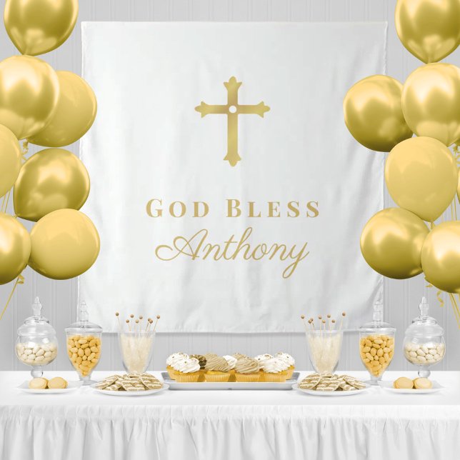 Gold Cross God Bless Baptism Party Backdrop Tapestry (Creator Uploaded)