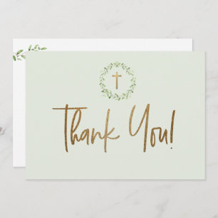 Gold Cross Green Watercolor leaves First communion Thank You Card