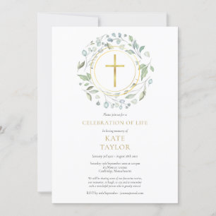 Gold Cross Greenery Garland Celebration of Life Invitation